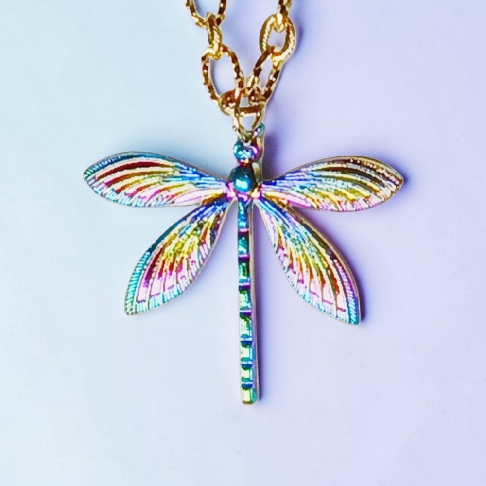 HP🎉 Gold Enchanted Choker Necklace Multicolor Dragonfly Pendant New Age Grunge - Picture 3 of 12